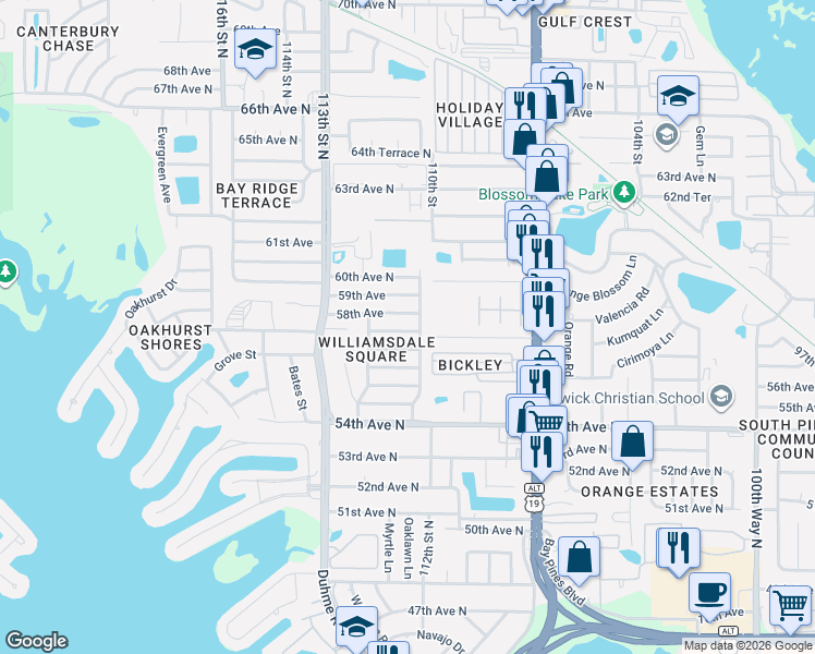 map of restaurants, bars, coffee shops, grocery stores, and more near 11108 58th Avenue in Seminole