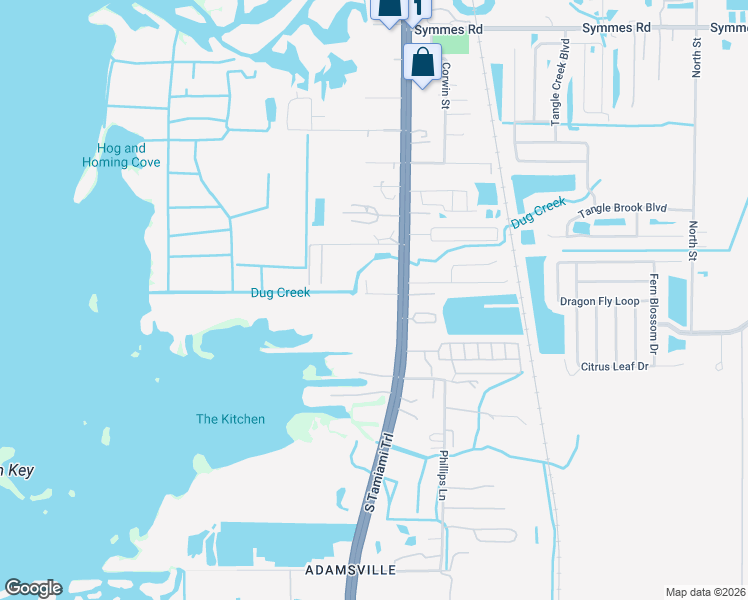 map of restaurants, bars, coffee shops, grocery stores, and more near 6109 Adams Street in Gibsonton