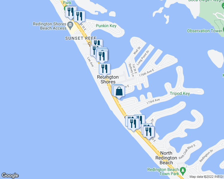 map of restaurants, bars, coffee shops, grocery stores, and more near 17535 Gulf Boulevard in Redington Shores