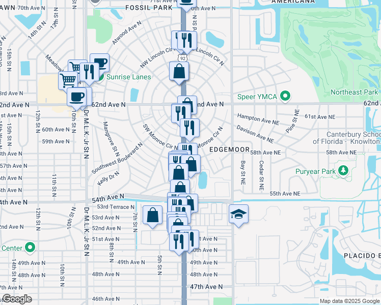map of restaurants, bars, coffee shops, grocery stores, and more near 5811 4th Street North in St. Petersburg