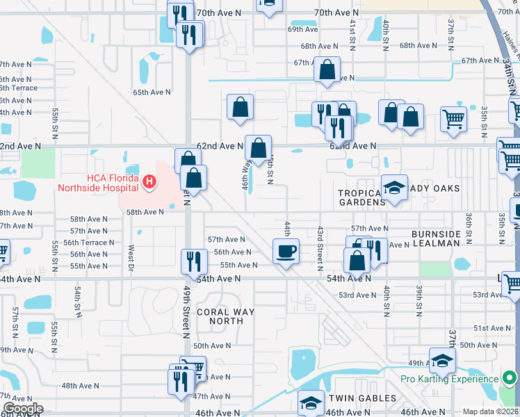 map of restaurants, bars, coffee shops, grocery stores, and more near 4489 58th Avenue North in Saint Petersburg