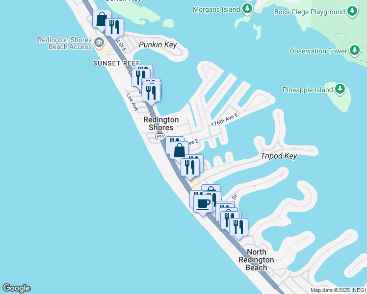 map of restaurants, bars, coffee shops, grocery stores, and more near 143 175th Avenue East in Redington Shores