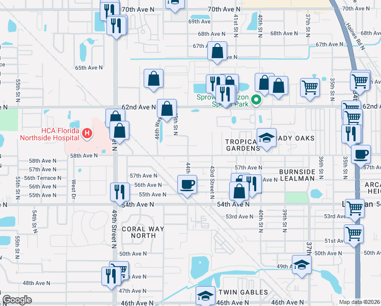 map of restaurants, bars, coffee shops, grocery stores, and more near 4355 58th Avenue North in St. Petersburg