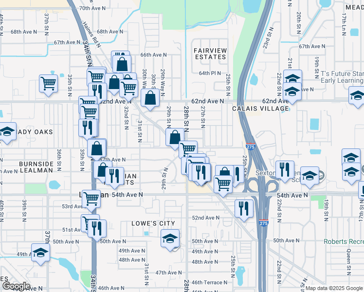 map of restaurants, bars, coffee shops, grocery stores, and more near 2825 58th Avenue North in St. Petersburg