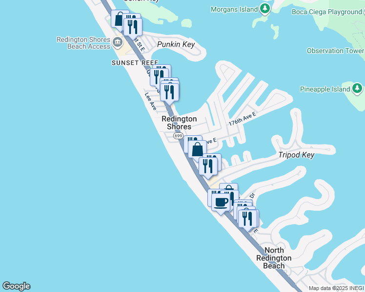 map of restaurants, bars, coffee shops, grocery stores, and more near 17535 Gulf Boulevard in Redington Shores