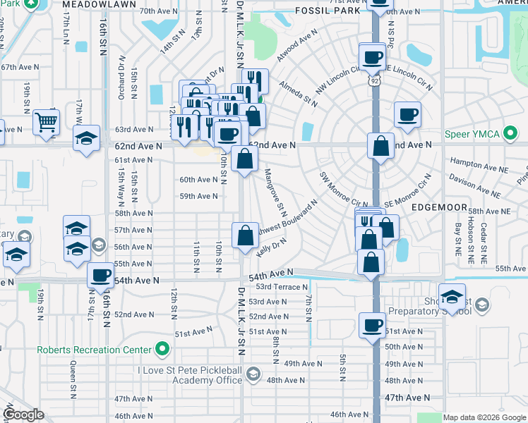 map of restaurants, bars, coffee shops, grocery stores, and more near 5811 Magnolia Street North in St. Petersburg