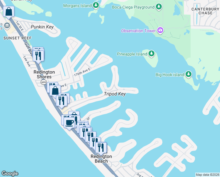 map of restaurants, bars, coffee shops, grocery stores, and more near 17316 Kennedy Drive in North Redington Beach