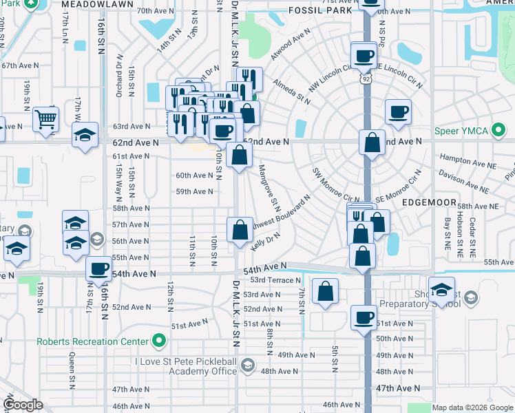 map of restaurants, bars, coffee shops, grocery stores, and more near 5811 Magnolia Street North in St. Petersburg