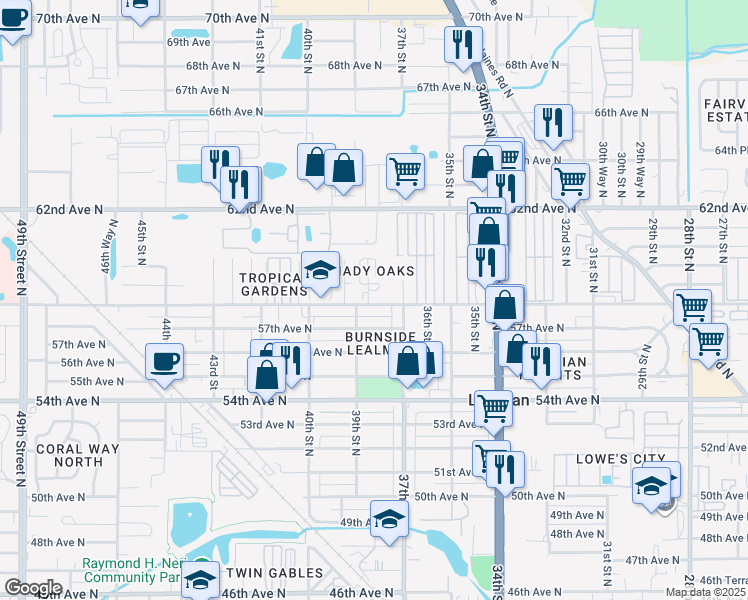 map of restaurants, bars, coffee shops, grocery stores, and more near 3713 58th Avenue North in St. Petersburg