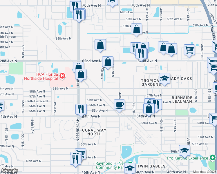 map of restaurants, bars, coffee shops, grocery stores, and more near 4439 58th Avenue North in St. Petersburg