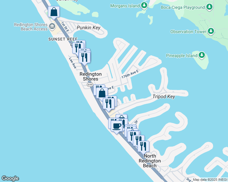 map of restaurants, bars, coffee shops, grocery stores, and more near 191 175th Terrace Drive East in Redington Shores