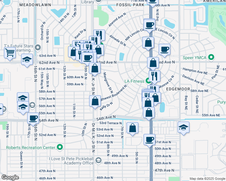 map of restaurants, bars, coffee shops, grocery stores, and more near 5801 Mangrove St N in St Petersburg
