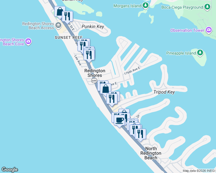 map of restaurants, bars, coffee shops, grocery stores, and more near 143 175th Avenue East in Redington Shores