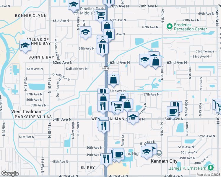 map of restaurants, bars, coffee shops, grocery stores, and more near 5825 66th Street North in St. Petersburg