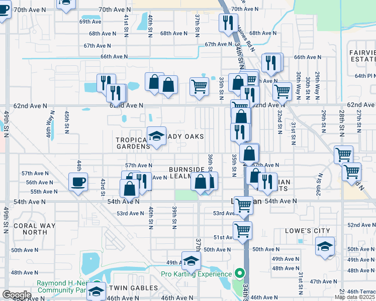 map of restaurants, bars, coffee shops, grocery stores, and more near 3713 58th Avenue North in St. Petersburg