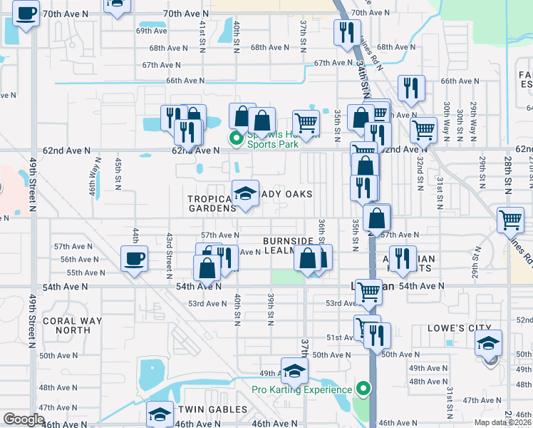map of restaurants, bars, coffee shops, grocery stores, and more near 3833 58th Avenue North in St. Petersburg