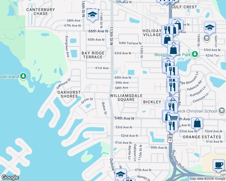 map of restaurants, bars, coffee shops, grocery stores, and more near 11295 Oakridge Trail in Seminole