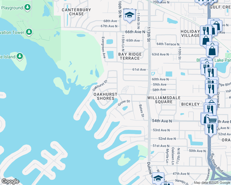 map of restaurants, bars, coffee shops, grocery stores, and more near 5746 Hillside Street in Seminole