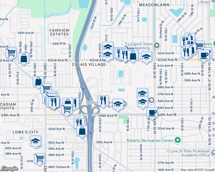 map of restaurants, bars, coffee shops, grocery stores, and more near 5810 21st Street North in St. Petersburg