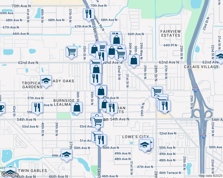 map of restaurants, bars, coffee shops, grocery stores, and more near 3351 58th Avenue North in St. Petersburg