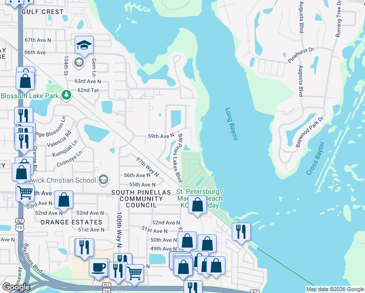 map of restaurants, bars, coffee shops, grocery stores, and more near 5803 Bay Pines Lakes Boulevard in St. Petersburg
