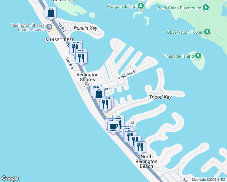 map of restaurants, bars, coffee shops, grocery stores, and more near 191 175th Terrace Drive East in Redington Shores
