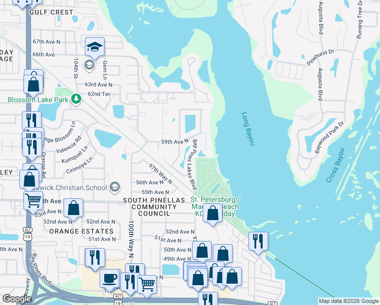 map of restaurants, bars, coffee shops, grocery stores, and more near 5803 Bay Pines Lakes Boulevard in St. Petersburg