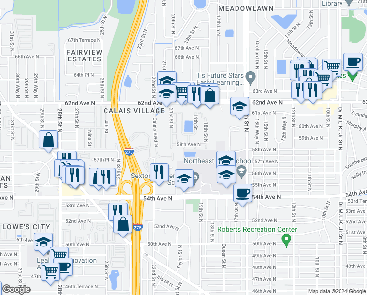 map of restaurants, bars, coffee shops, grocery stores, and more near 1950 58th Avenue North in St. Petersburg