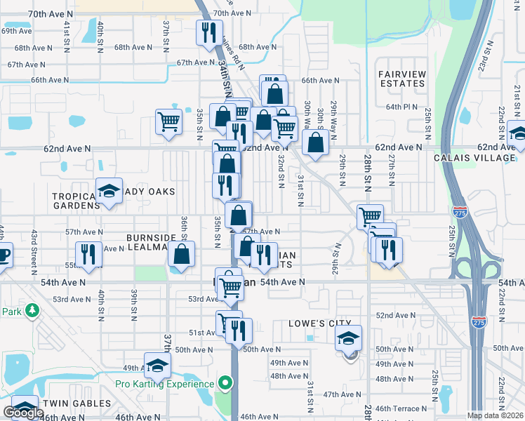 map of restaurants, bars, coffee shops, grocery stores, and more near 3351 58th Avenue North in St. Petersburg