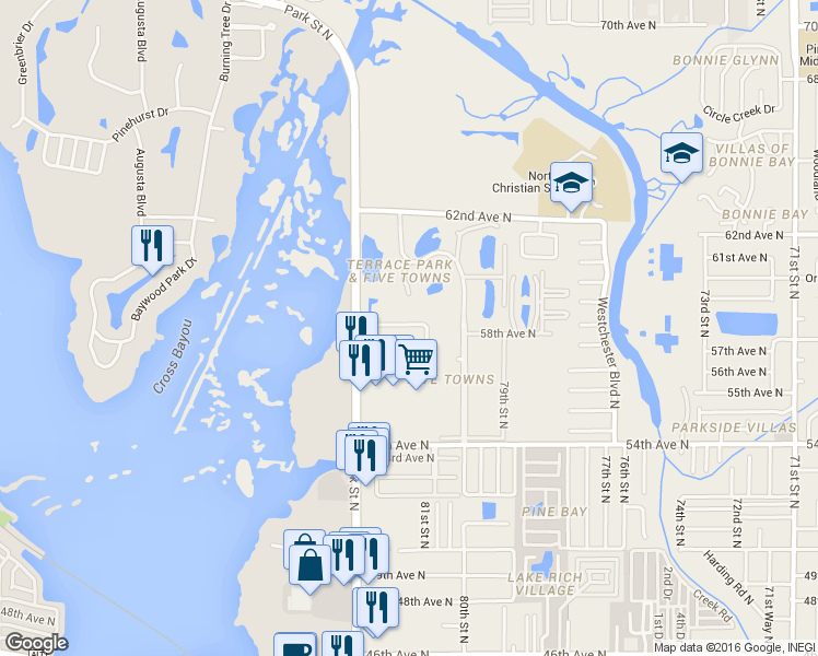map of restaurants, bars, coffee shops, grocery stores, and more near 5817 Park Street North in St. Petersburg