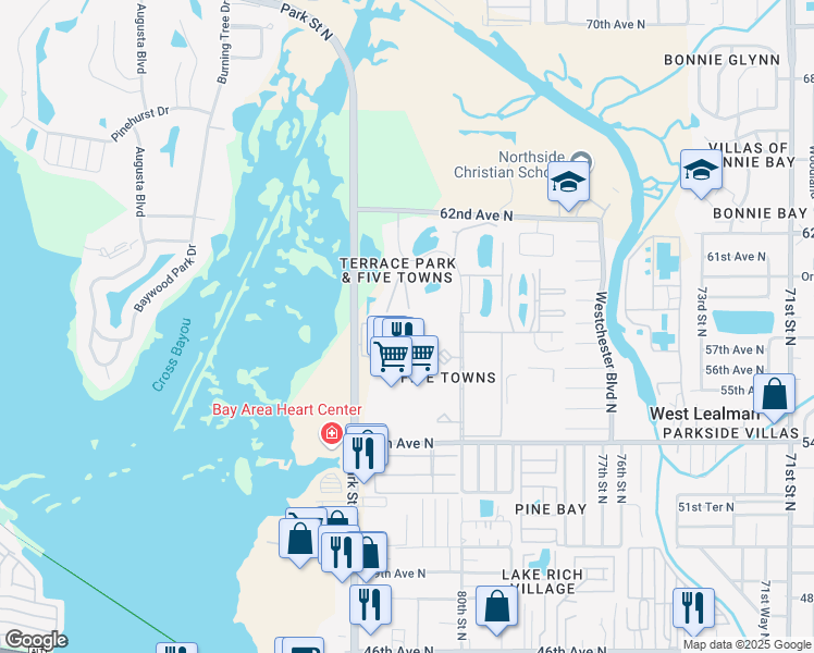 map of restaurants, bars, coffee shops, grocery stores, and more near 5817 Park Street North in St. Petersburg