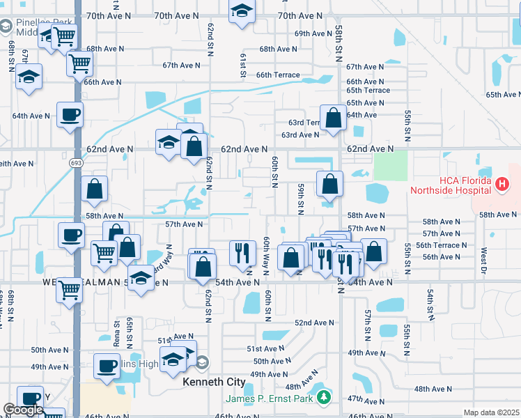 map of restaurants, bars, coffee shops, grocery stores, and more near 6059 58th Avenue North in Saint Petersburg