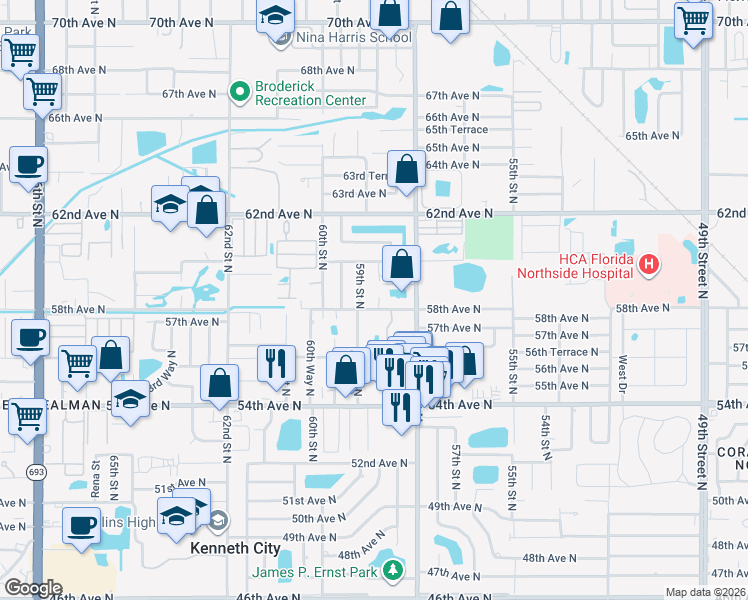 map of restaurants, bars, coffee shops, grocery stores, and more near 5870 58th Way North in Kenneth City