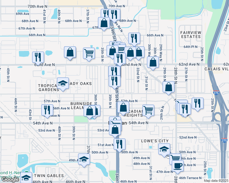 map of restaurants, bars, coffee shops, grocery stores, and more near 5800 34th Street North in St. Petersburg