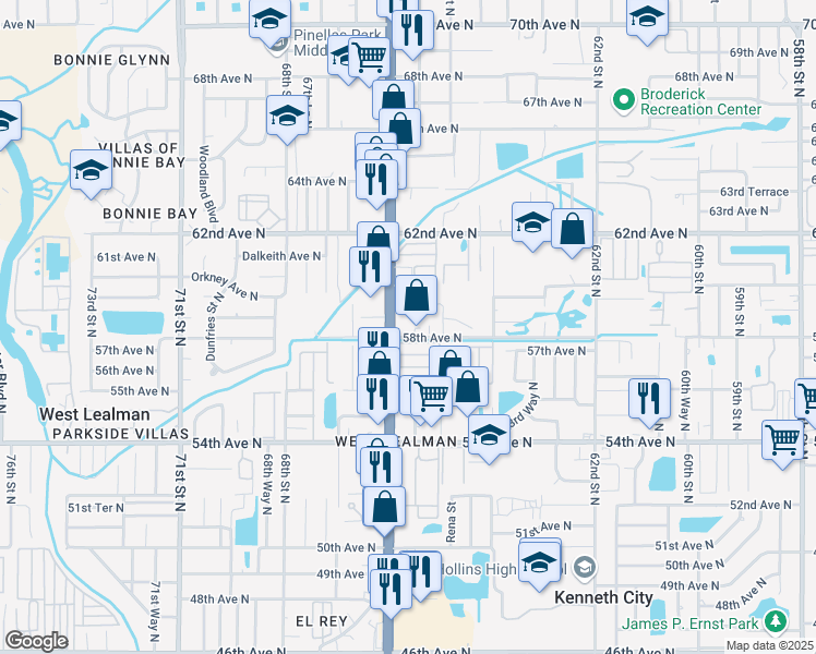 map of restaurants, bars, coffee shops, grocery stores, and more near 5825 66th Street North in St. Petersburg