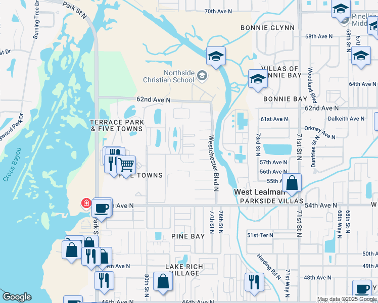 map of restaurants, bars, coffee shops, grocery stores, and more near 5925 Terrace Park Drive North in St. Petersburg