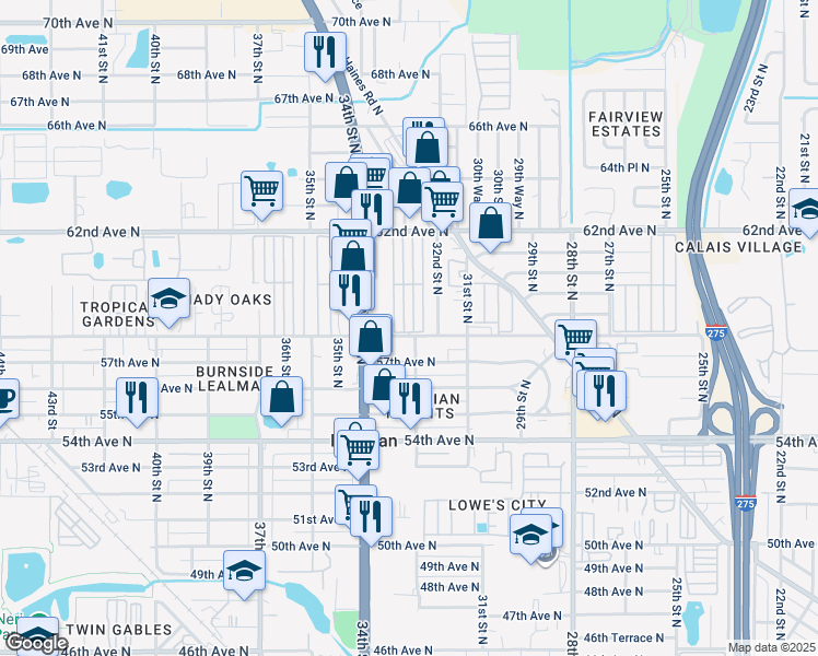 map of restaurants, bars, coffee shops, grocery stores, and more near 3351 58th Avenue North in St. Petersburg