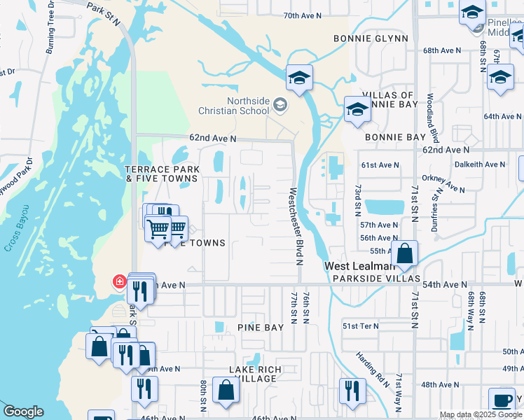 map of restaurants, bars, coffee shops, grocery stores, and more near 5925 Terrace Park Drive North in St. Petersburg