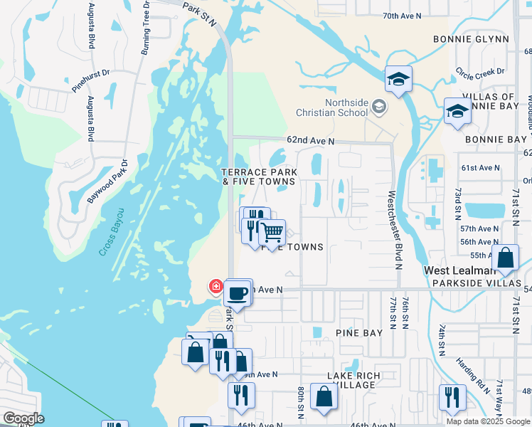 map of restaurants, bars, coffee shops, grocery stores, and more near 5817 Park Street North in St. Petersburg