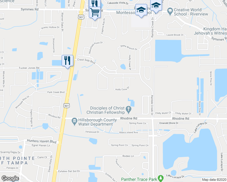 map of restaurants, bars, coffee shops, grocery stores, and more near 11014 Holly Cone Drive in Riverview