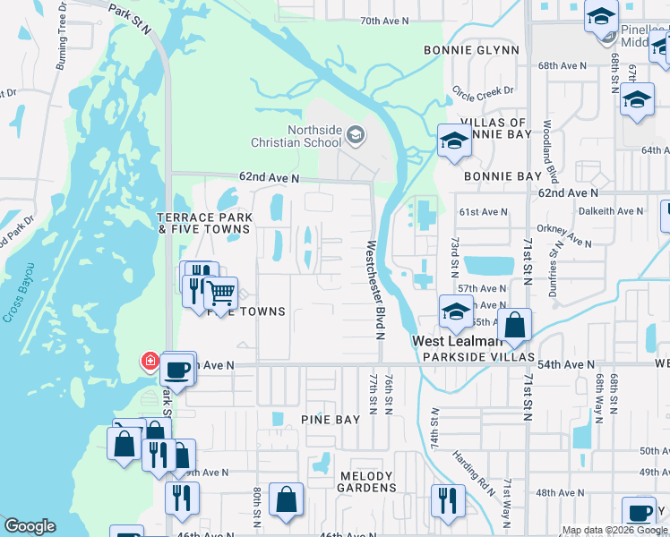 map of restaurants, bars, coffee shops, grocery stores, and more near 5925 Terrace Park Drive North in St. Petersburg