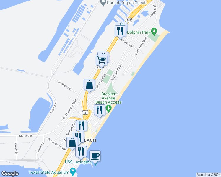 map of restaurants, bars, coffee shops, grocery stores, and more near 3826 Surfside Boulevard in Corpus Christi