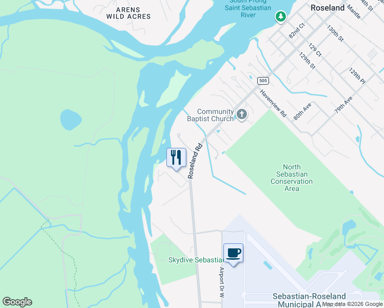 map of restaurants, bars, coffee shops, grocery stores, and more near 12405 Roseland Road in Sebastian