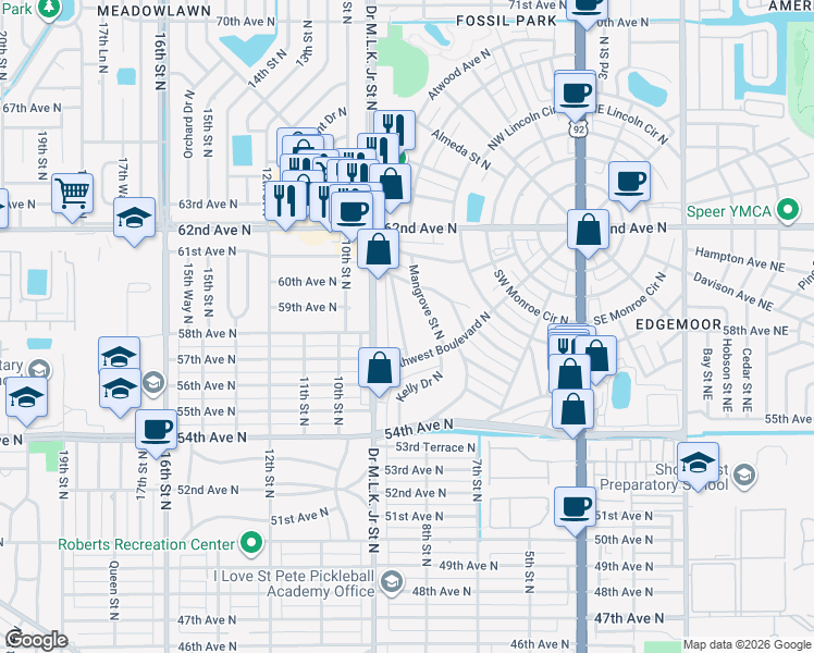 map of restaurants, bars, coffee shops, grocery stores, and more near 5811 Magnolia Street North in St. Petersburg