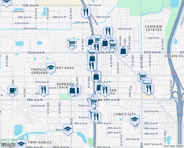 map of restaurants, bars, coffee shops, grocery stores, and more near 5800 34th Street North in St. Petersburg
