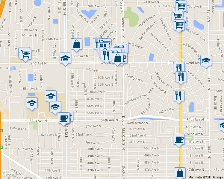 map of restaurants, bars, coffee shops, grocery stores, and more near 1019 58th Ave N in St Petersburg