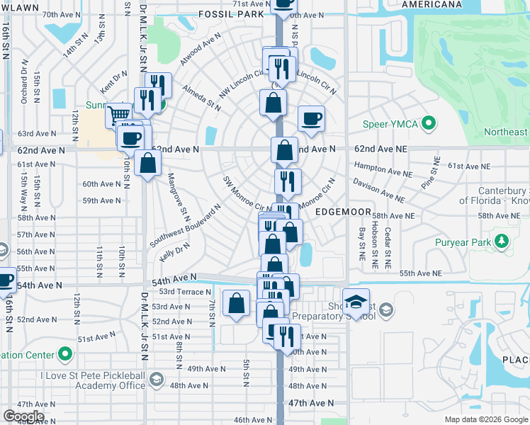 map of restaurants, bars, coffee shops, grocery stores, and more near 120 Southwest Monroe Circle North in St. Petersburg
