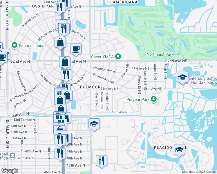 map of restaurants, bars, coffee shops, grocery stores, and more near 5801 Cedar Street Northeast in St. Petersburg