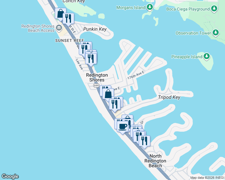 map of restaurants, bars, coffee shops, grocery stores, and more near 143 175th Avenue East in Redington Shores
