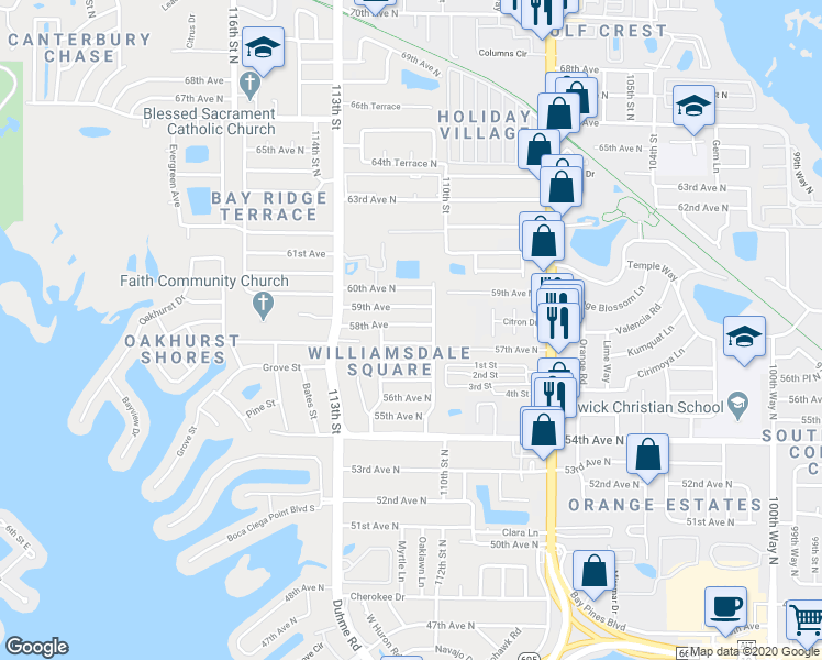 map of restaurants, bars, coffee shops, grocery stores, and more near 11108 58th Avenue in Seminole